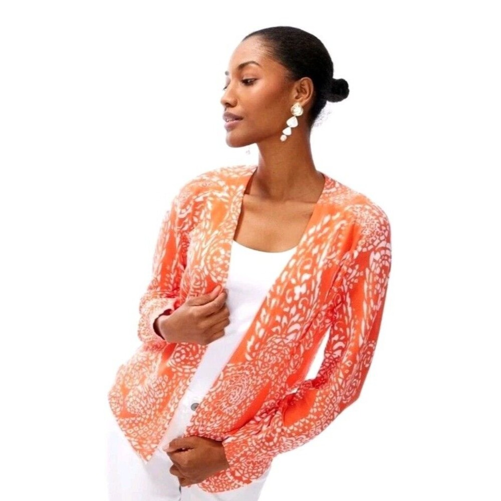 Chico's Summer Romance Mosaic Cardigan Women's S Orange Blossom Resortwear Vacay